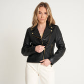Women’s Gold Trim Leather Biker Jacket – Samie - Torque Leather